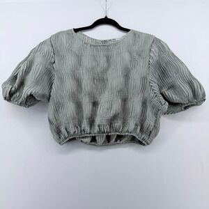 Zara Sage Green Plisse Puff Sleeve Crop Top Blouse Textured Metallic Medium